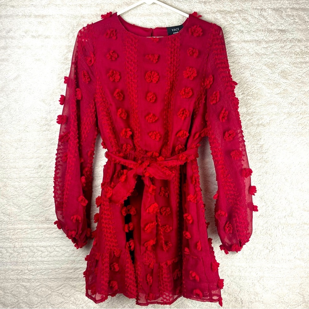 Vici Red Pom-Pom Tie-Waist Dress